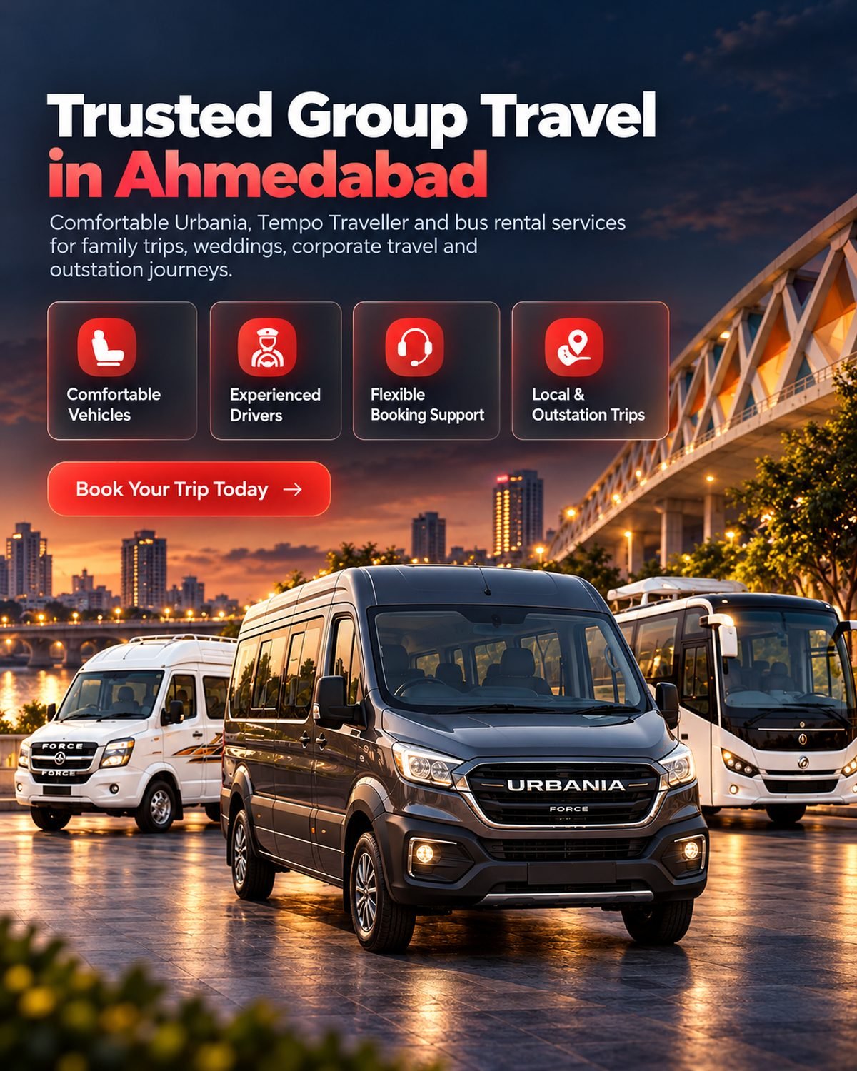 Force Urbania, Tempo Traveller and luxury bus for comfortable group travel in Ahmedabad with PT Patel Travels.