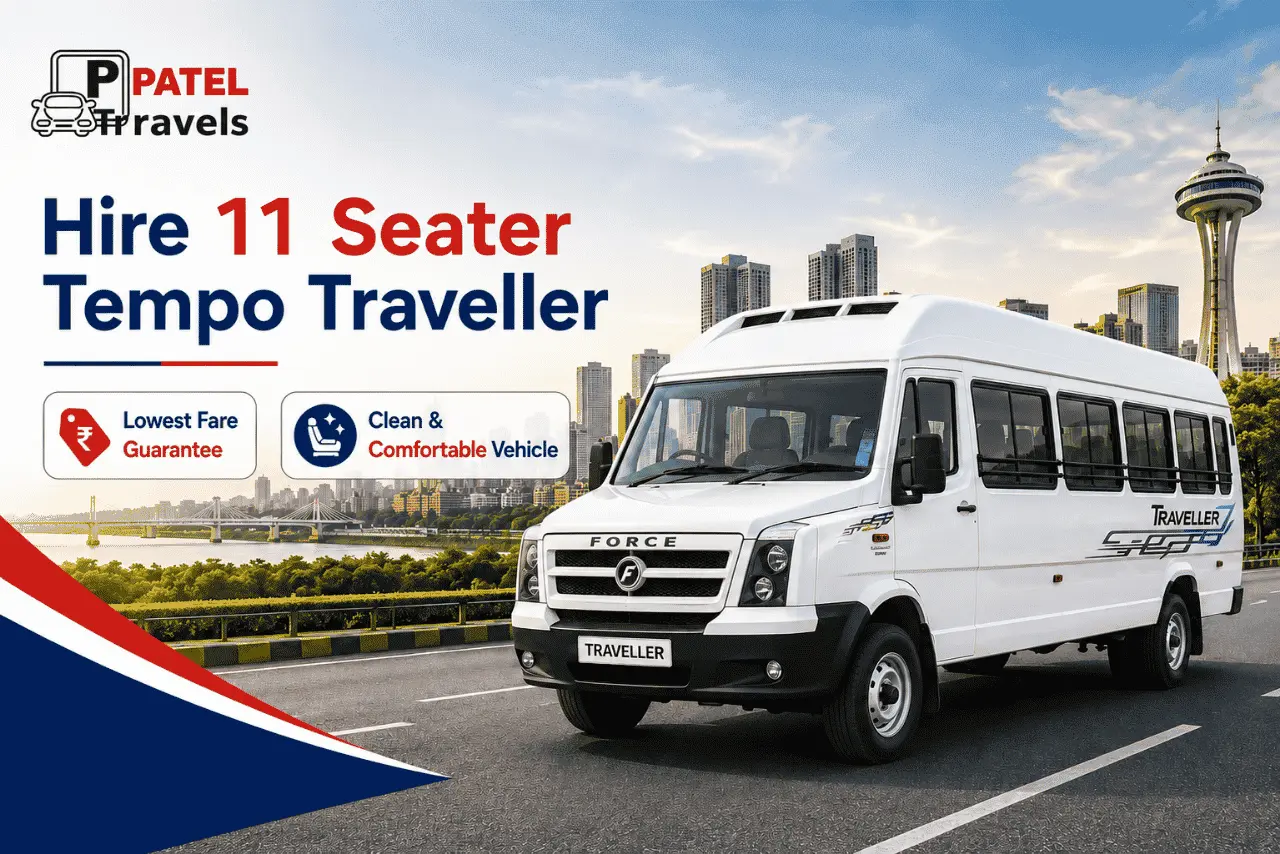 11 Seater Tempo Traveller by PT Patel Travels for family trips, corporate travel, airport transfers, and local sightseeing.