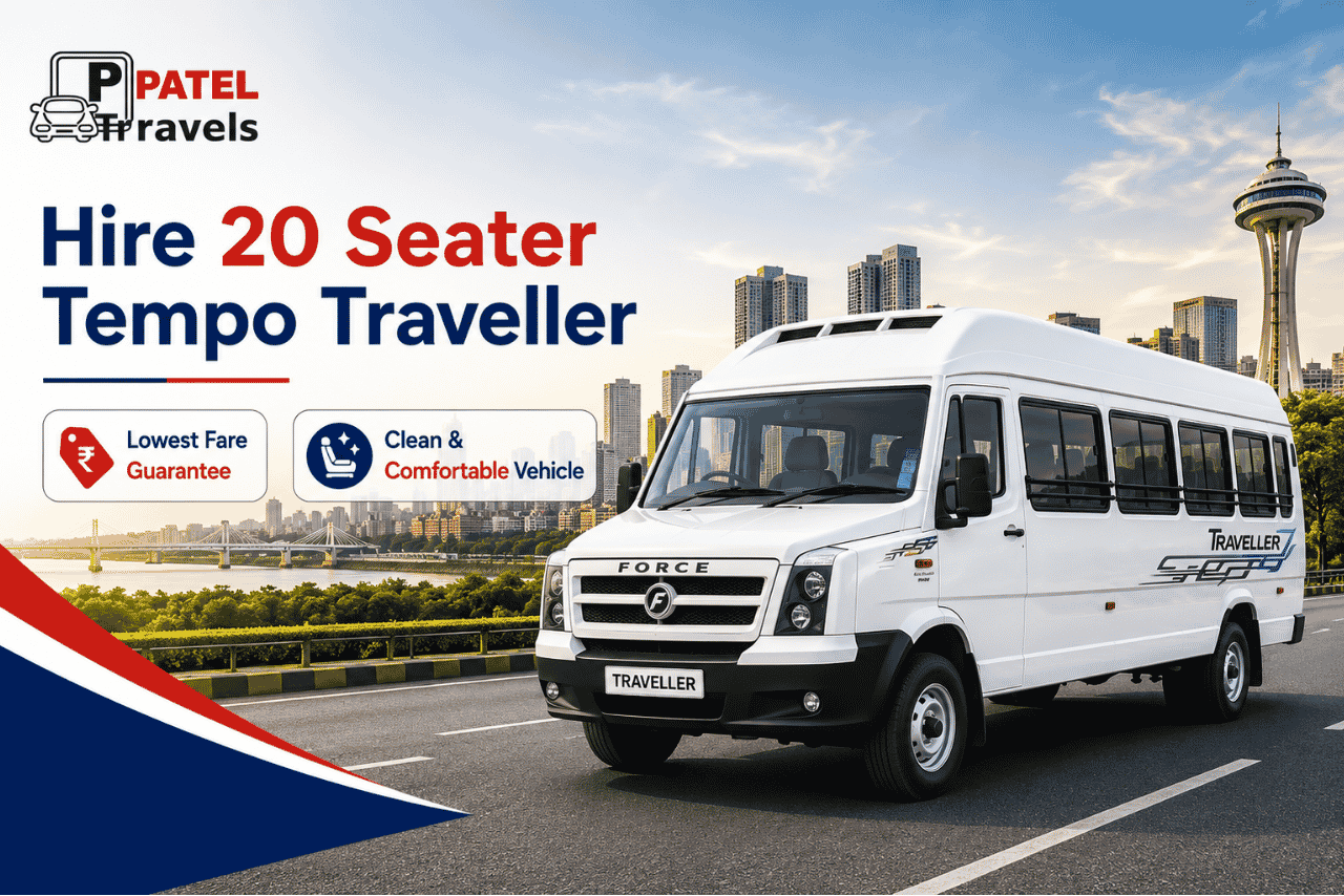 20 Seater Tempo Traveller by PT Patel Travels for corporate trips, family tours, weddings, airport transfers, and outstation travel
