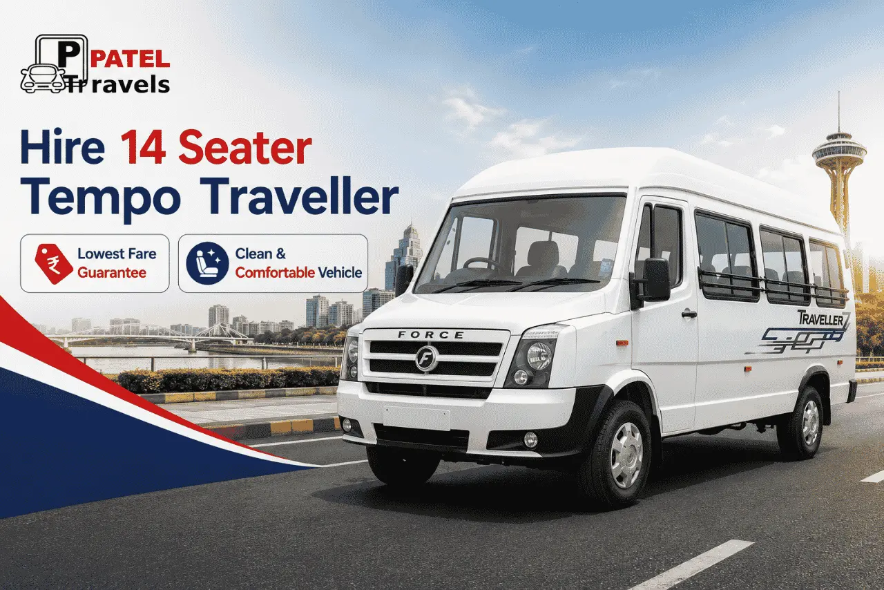 14 Seater Tempo Traveller by PT Patel Travels for family trips, corporate travel, weddings, airport transfers, and outstation tours.
