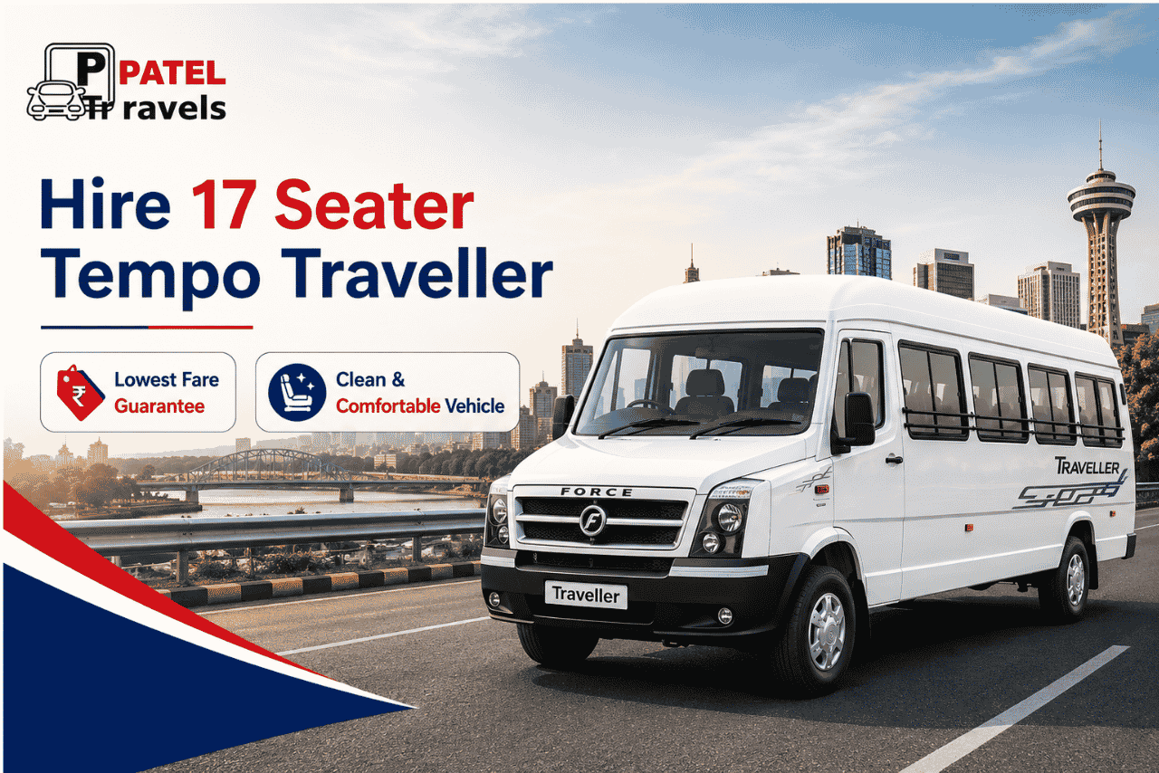 17 Seater Tempo Traveller by PTPatel Travels available for comfortable group travel and outstation trips.
