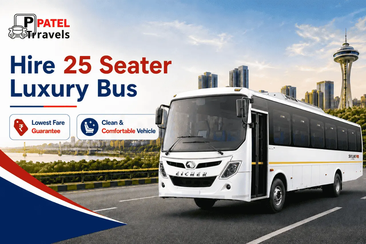 25 Seater Bus by PT Patel Travels for corporate tours, weddings, school trips, family travel, and outstation journeys.