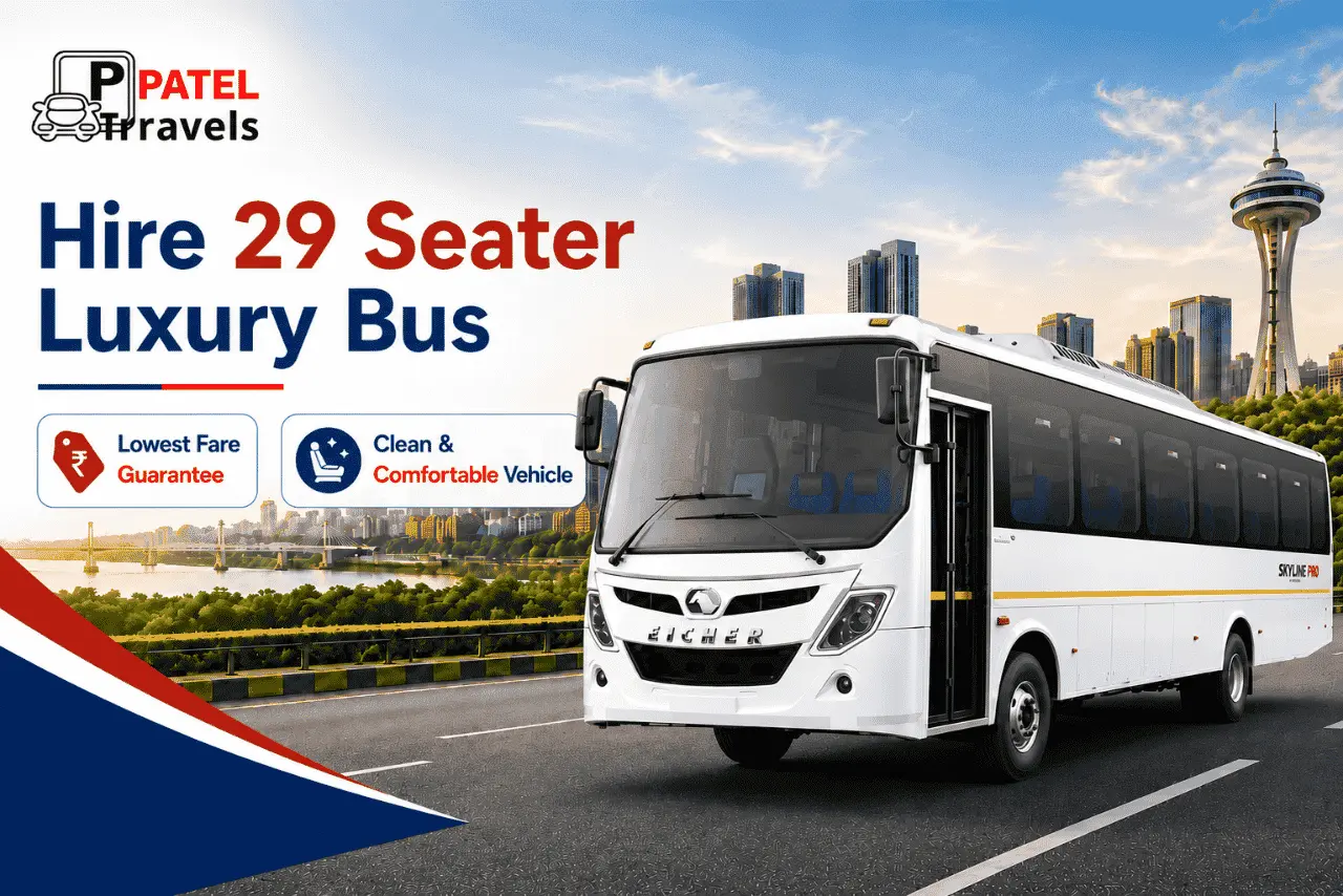 29 Seater Bus by PT Patel Travels for comfortable group travel, corporate tours, weddings, and outstation journeys.