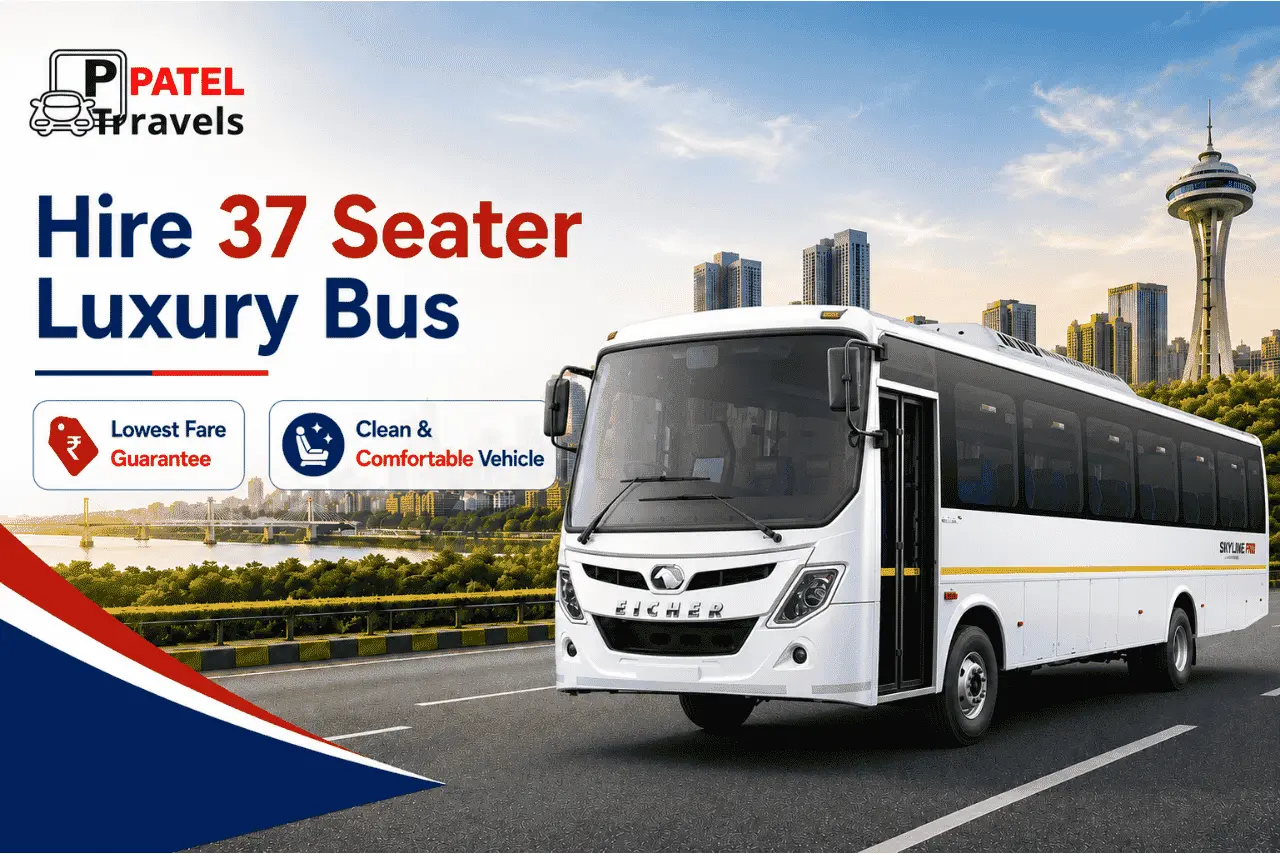 37 Seater Bus by PT Patel Travels for comfortable group transportation, corporate tours, weddings, and outstation travel.