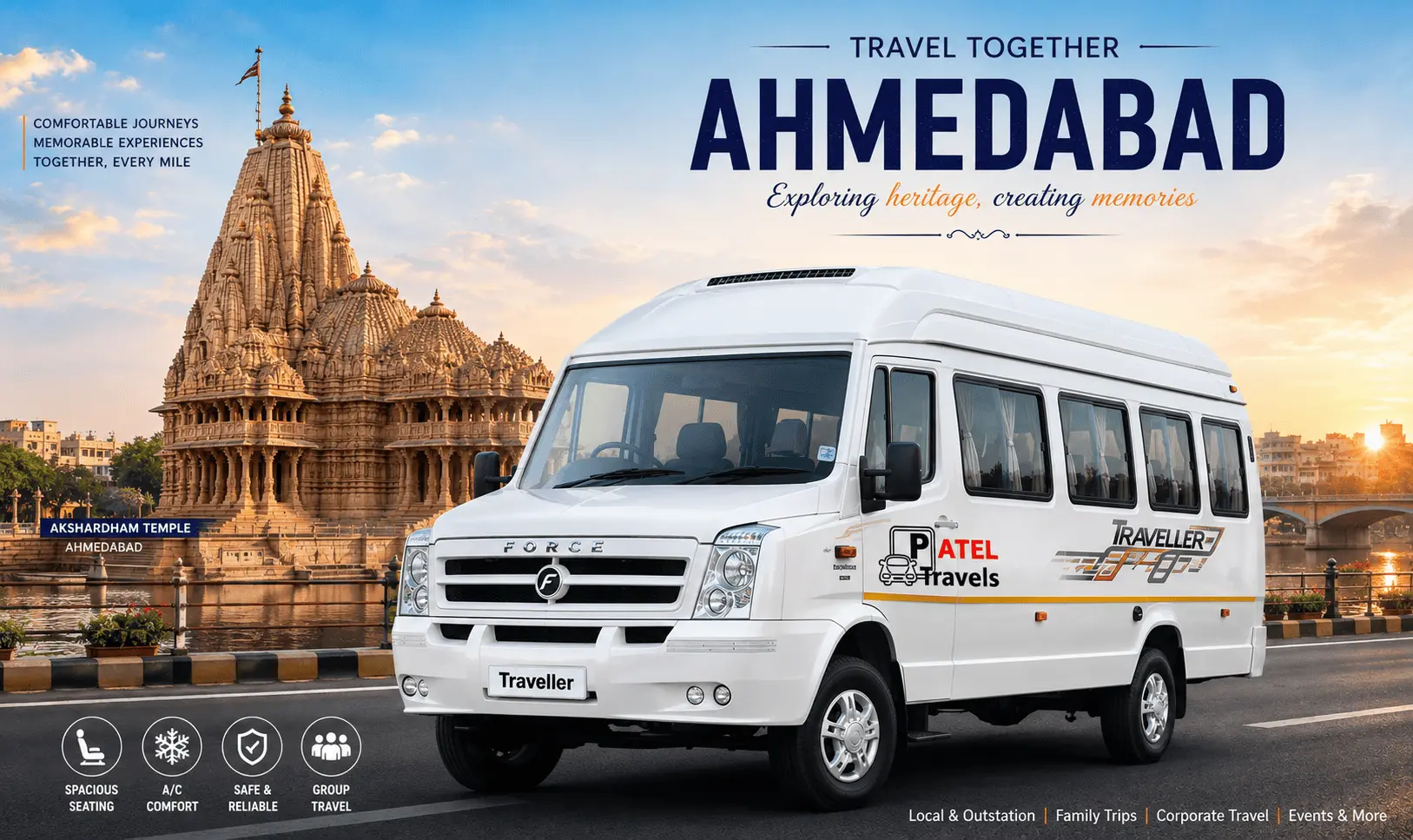 Tempo Traveller by PT Patel Travels for comfortable group travel, family tours, corporate trips, and outstation journeys.